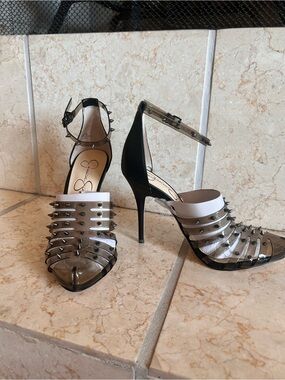 Jessica Simpson Black and Clear Studded Ankle-Strap Stilettos